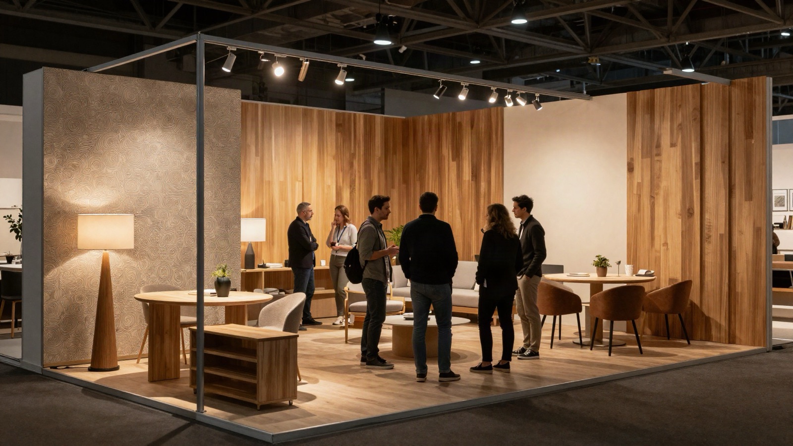 Bezoekers in gesprek op een vakbeurs